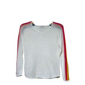 Estheme Paris Linen Top L Rainbow Stripes V Neck Retro Minimalist 100% Linen